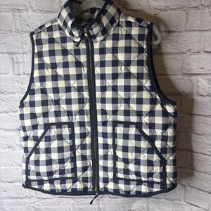 J.CREW Women Quilted Vest Blue Plaid Full Zip Preppy Gold Zipper Equestrian XXL